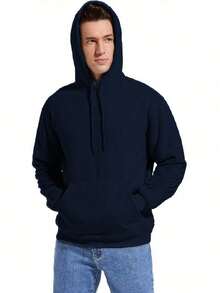 1pc Men's Sherpa Lined Hoodie Pullover, Thick & Warm For Winter, With Pocket - Navy Blue - View 4