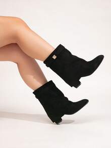 Women's Fashion Wide Width Faux Leather Tall Boots, Holiday Vacation Atmosphere, Folding Shaft, Chunky Heel, Black High Heel Ankle Boots, Sexy Outdoor Tall Boots, Wide Width High Heel Boots, Wide Calf Boots - Black Cloth Short - View 8