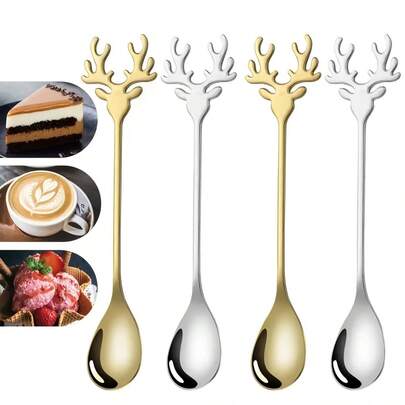 4pcs Christmas Reindeer Stainless Steel Spoon Set - Coffee, Stirring, Honey, Ice Cream And Dessert Spoons, Christmas Spoons, Coffee Stirring Spoon, Honey Dipping Spoon, Holiday Flatware, High Quality Serving Spoons, Polished Finish, Kitchen Utensils, Serving Spoons, Coffee Lovers, Holiday Hosts