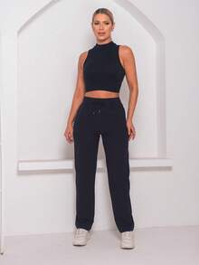 Women's Simple Pocket Knot Drawstring School Pants - Rửa trung bình - Xem 1