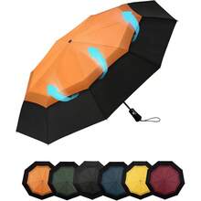 - Paraguas compacto de viaje resistente al viento, paraguas automtico porttil para lluvia, paraguas plegable para hombres y mujeres, dosel de doble ventilacin 210T con revestimiento de - dosel doble naranja - Ver 2