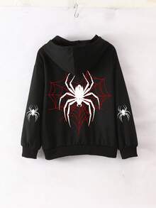 青少年男童蜘蛛印花卫衣，卡通图案宽松套头衫，可爱上衣，休闲学院风 - 黑色 - 查看 2
