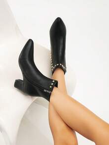 女士时尚粗跟靴，百搭拉链开合优雅尖头性感派对踝靴，秋季 - 黑色 - 查看 3
