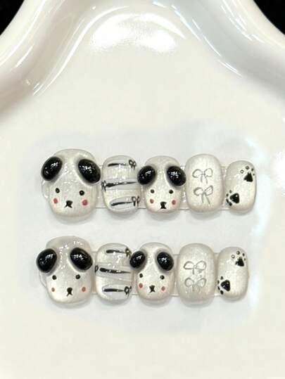 10 piezas Uñas postizas ovaladas cortas hechas a mano para fiestas y uso diario, uñas negras, blanco y negro, cachorrito lindo, ojo de gato brillante, uñas ovaladas, fáciles de usar. 10 piezas de uñas postizas hechas a mano estilo Y2K, uñas lindas, estilo lindo, adecuadas para festivales, fiestas y uso diario de niñas y mujeres