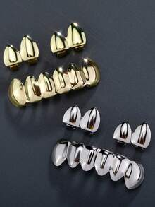 1 Set Classic Shiny Smooth Top Double Teeth & Bottom 6-Teeth Grillz, Personalized Hip Hop Teeth Jewelry Accessories
