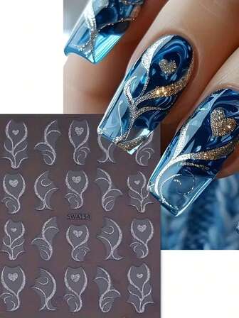 闪耀金银色心形美甲贴纸，法式镂空心形背胶贴纸，情人节指甲贴花装饰，心形美甲贴纸，法式简约心形贴纸装饰，多色心形图案贴纸，自粘DIY美甲装饰