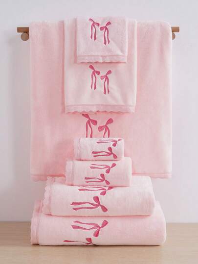 3/2/1pc Coral Fleece Absorbent Embroidered Bow Lace Super Soft Fiber Bath Towel Or Hand Towel, Fashion Viral Style, Home Use, Bathroom, Hotel, Gym, Travel, Gift, Salon, Sports, Outdoor, Beach, School, Back To School, Travel Accessories, Home Essentials, Towel, Skin Care