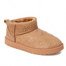 Women's Studded Ultra Mini Ankle Winter Boots, Rhinestone Crystal Embellished Faux Suede Booties, Warm Plush Lined Comfortable Flat Pull-On Style for Parties, Holidays & Everyday Casual Wear - 駝色 - 查看 2