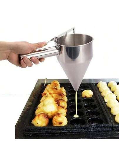 1 pièce Distributeur de pâte à takoyaki en acier inoxydable avec support, outil de cuisson et de cuisine pratique pour faire des boules de poulpe, gâteaux, hamburgers aux œufs, peut également être utilisé comme un entonnoir de cuisine général (pour verser de l'huile, des liquides, etc.)