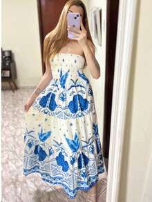 LONG SUMMER DRESS WITH TAMARA PRINT AND BLUE FALLING WITH ELASTEX - BLUE 4 - View 1