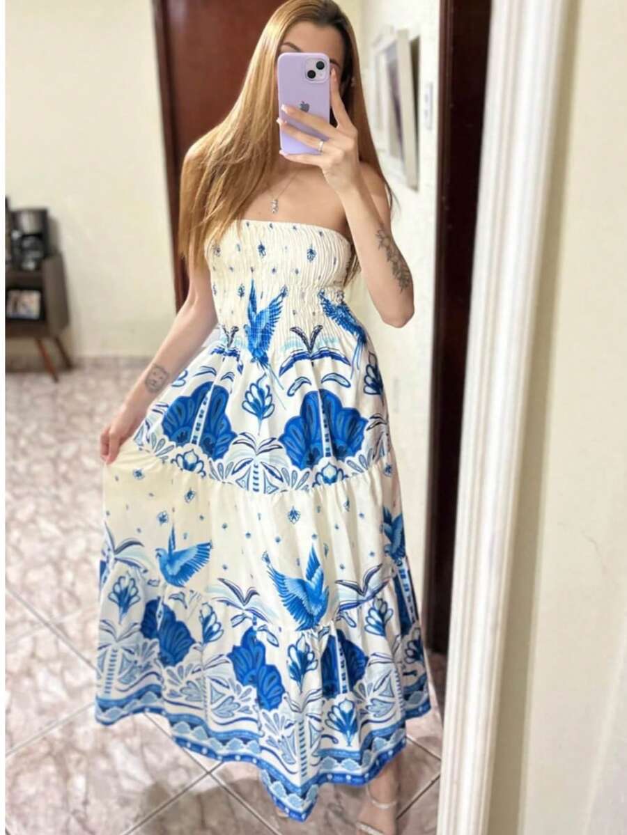 LONG SUMMER DRESS WITH TAMARA PRINT AND BLUE FALLING WITH ELASTEX - BLUE 4 - View 1