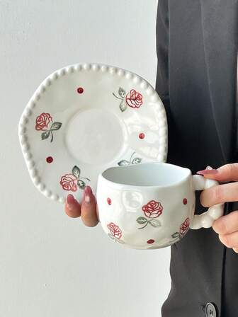 1pc Vintage Rose Ceramic Coffee Cup & Saucer Set, Beaded Rim, Retro All-Season Coffee Cup, Perfect For Afternoon Tea, Cafe, Tea Party, Ideal Gift For Easter, Thanksgiving, Valentine's Day, Mother's Day - Washable, Reusable, Insulated, Round, Multipurpose