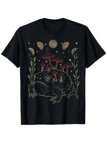Dark Academia Moon Witchy Goblincore Frog T-Shirt - 100% Cotton 180gsm, Mystical Frog & Moon Graphic With Stars & Mushrooms, Unisex Casual Tee For Christmas, New Year Gifts, Outdoor Activities (S-XXXL, Black), Frog Shirt - 黑色 - 查看 1