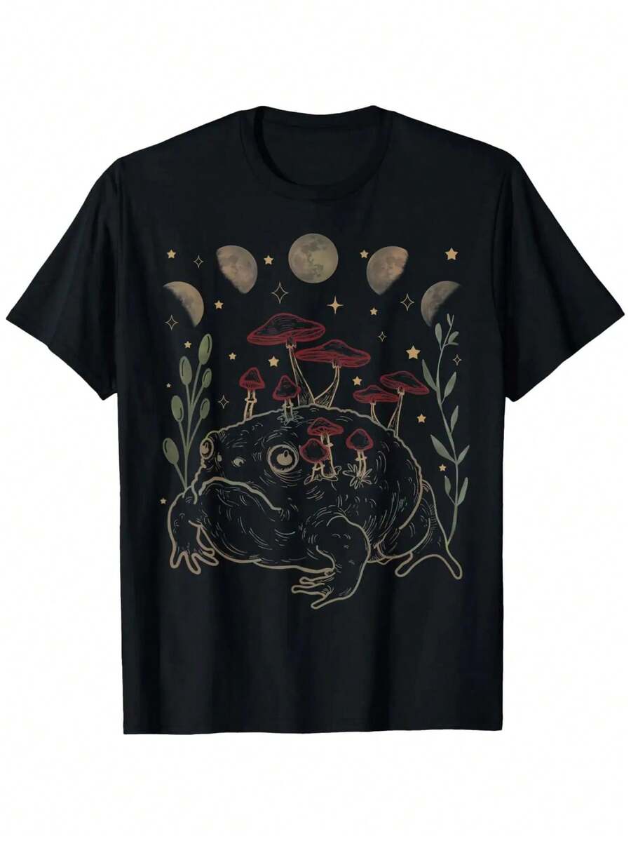 Dark Academia Moon Witchy Goblincore Frog T-Shirt - 100% Cotton 180gsm, Mystical Frog & Moon Graphic With Stars & Mushrooms, Unisex Casual Tee For Christmas, New Year Gifts, Outdoor Activities (S-XXXL, Black), Frog Shirt - 黑色 - 查看 1