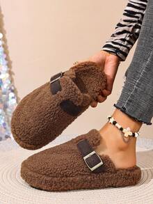 Zapatos planos de mujer con flecos, hebilla y decoración, de punta redonda, versátiles de moda, de tipo mule, para otoño/invierno, con forro de piel - Marrón - Ver 2
