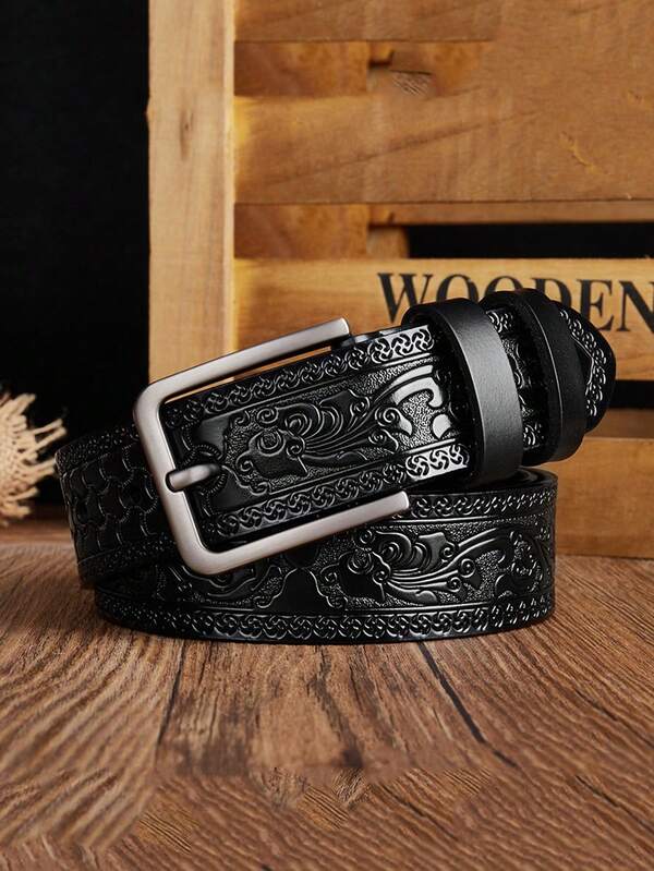 Joopzqm 1pc Men's Genuine Leather Buckle Belt, Casual Vintage Floral Print Real Leather Strap Old Money Vintage Autumn/Fall Urban Outfit Classic Christmas Winter Fashion Daily Men Boyfriend Gift