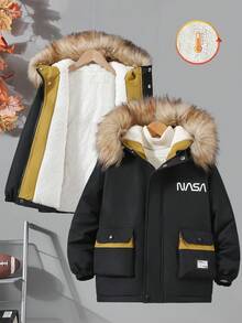 Boys' Casual Fashionable Autumn/Winter Padded Coat With Contrast Color And Pockets