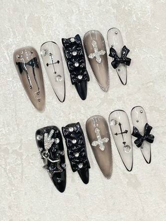 10pcs Gothic Style Unique Hand-Painted Black Bow, Metal Star, Cross 3D Bow Multi-Element Nail Art Stickers, Reusable For Party, Date, Gift, Includes Jelly Gel, Mini Scraper