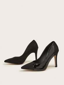 黑色仿麂皮拼接亮面尖头优雅女士细高跟鞋，适合日常穿着、派对、宴会，舒适的女士高跟鞋 - 黑色 - 查看 7