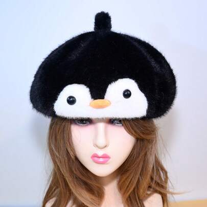 1 pieza Gorro de peluche de piel sintética con diseño de pingüino de dibujos animados