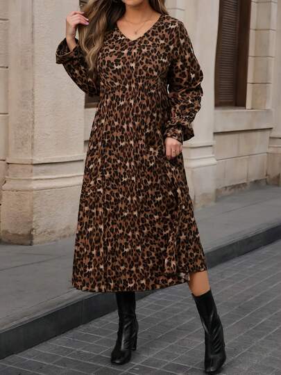 1pc Leopard Print Elegant Woven Fabric Pleated Long Sleeve Dress, Suitable For Beach, Evening Date, Holiday, Casual Wear, Spring/Summer