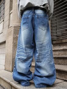 Calça Jeans Masculina Reta Lavada Azul Claro, Estilo Vintage Y2K, Minimalista e Versátil, Adequada para Todas as Estações