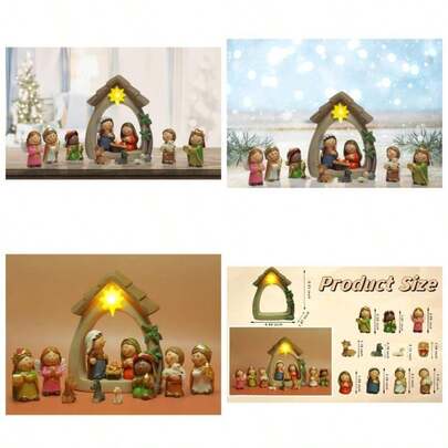 Juego de nacimiento con figuras de la Sagrada Familia, 12 piezas, figuras decorativas navideas y religiosas hechas de resina y pintadas a mano, incluye al nio Jess, Mara y Jos, blanco crema