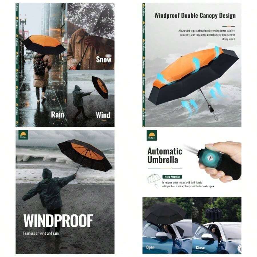 - Paraguas compacto de viaje resistente al viento, paraguas automtico porttil para lluvia, paraguas plegable para hombres y mujeres, dosel de doble ventilacin 210T con revestimiento de - dosel doble negro - Ver 1