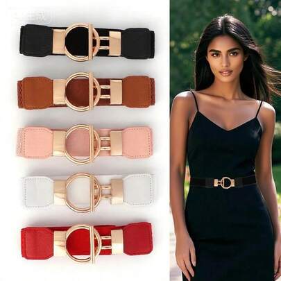 1pc Women's Elastic Waist Belt, Versatile Waist Cincher For Dresses, Coats, Adjustable Stretchy Waistband With Gold Round Buckle Waist Decor