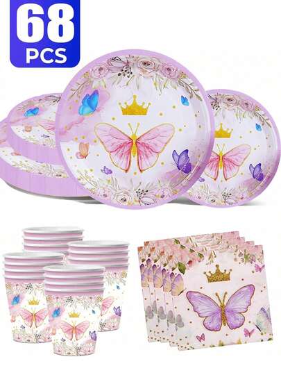 68pcs Butterfly Themed Birthday Party Set, Disposable Paper Plates, Party Supplies, Party Utensils, 7-Inch+9-Inch+Napkins+Paper Cups/Set, Suitable For Parties, Picnics, Camping, Birthday Parties, Pink Themed Parties, Restaurant Decoration, Scene Decoration, Kitchen, Cooking Utensils, Gifts