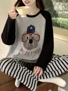 两件套女士睡衣套装，狗狗印花睡衣，休闲韩版风格，插肩袖设计，条纹裤可外穿，新款配套套装