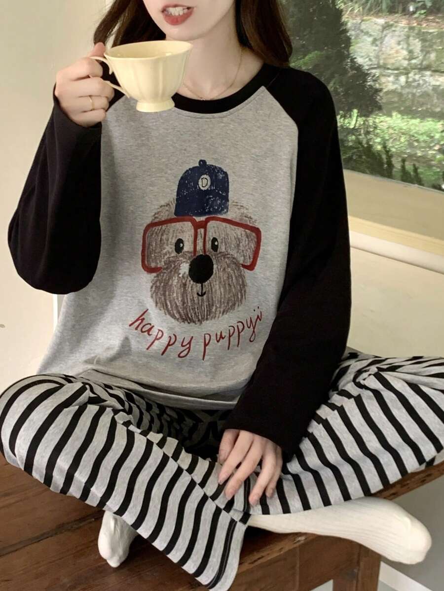 两件套女士睡衣套装，狗狗印花睡衣，休闲韩版风格，插肩袖设计，条纹裤可外穿，新款配套套装