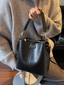Mini Textured Solid Color PU Bucket Bag, Vintage Versatile Women Shoulder Bag, Summer - Black - View 3