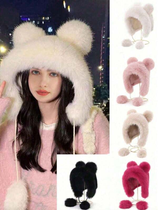 New Ladies Cute Fluffy Tassel Ball Pom Pom Design Bucket Hat With Kitten Ears Lei Feng Hat, Warm Outdoor Casual Cute Hat