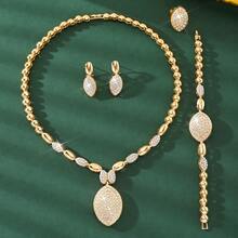 5-częściowy zestaw biżuterii ślubnej, w kształcie litery V, kwiatowy, luksusowy naszyjnik z kryształkami w kolorze złotym, bransoletka, pierścionek, kolczyki dla kobiet - Złoty-2 - Zobacz 4