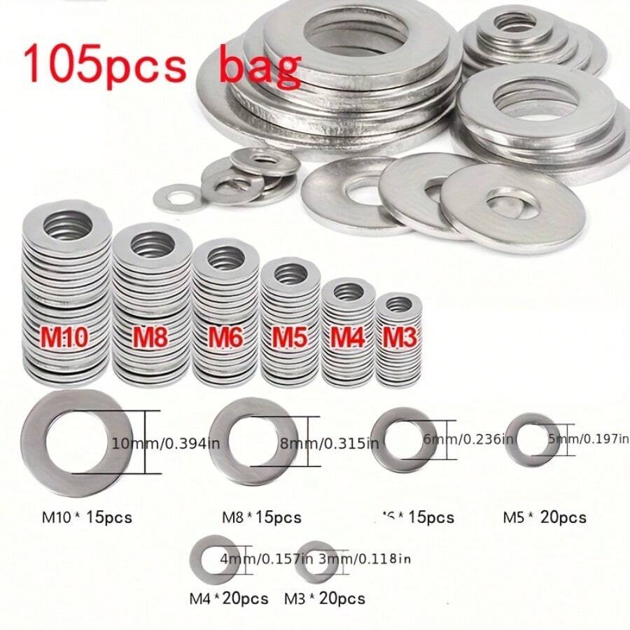105 件不锈钢垫圈组合套件，抛光表面，M3-M10 尺寸，易于安装，经久耐用，适用于 DIY、机械、电子产品、专业人士和业余爱好者