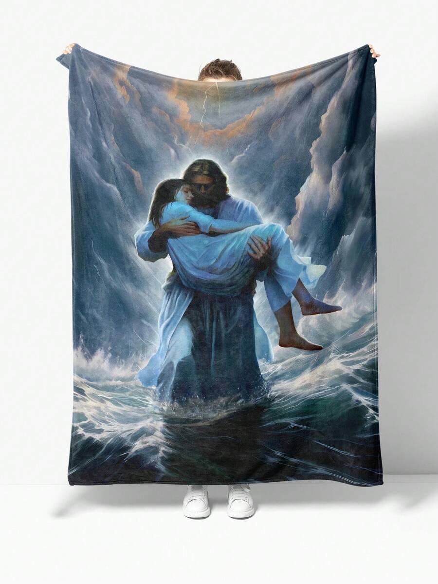 1 pieza Manta de franela con estampado de Jesús y María en el mar, adecuada para decoración de habitación, hogar, picnic y viaje. Una manta suave y esponjosa, regalo ideal para familia, amigos, usted mismo, Acción de Gracias, diario, cumpleaños, vacaciones, todas las estaciones