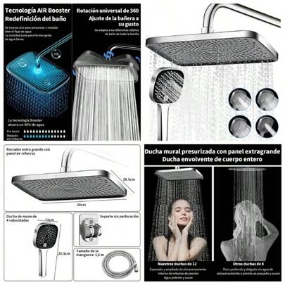 Regaderas para Bao, Regaderas Fijas, Regaderas Cuadrada de Alta Presin y Shower de Mano, Equipado con flexo de 1, 5 y soporte de fijacin para duchaNo incluye dispensador de grifo