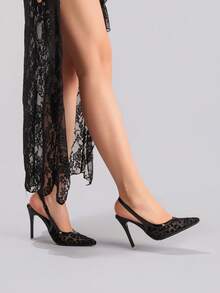 Leopard Print Lace Patchwork High Heel Shoes, Sexy Pointed Toe Backstrap Fashion Super High Heel Sandals For Party, Banquet, Event