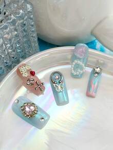 10pcs Glossy Y2K French Western Ocean Nail Art, Pink Nails, Red Nails, Light Blue Nails, Shiny Nails, 3D Handmade Starfish & Shell Decor, 3D Hand-Painted Wavy 3D Colorful Carved Rectangle Acrylic Nails, Perfect For Bikini Beach Matching. - 彩色 - 查看 2