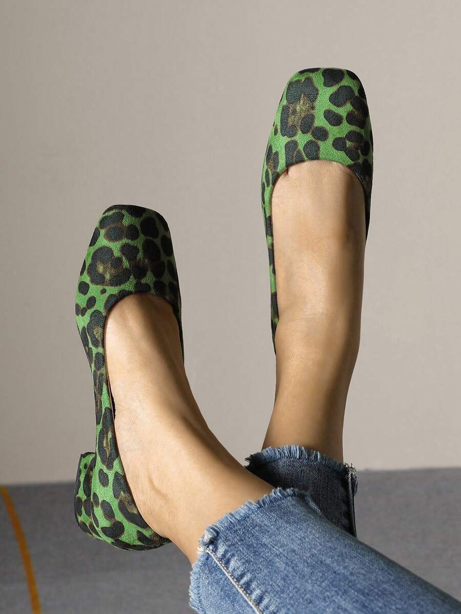 New Polka Dot Chunky Heel Shoes For Women, Square Toe Slip-On Comfortable Casual Shoes, Plus Size Low Heel Shoes - màu xanh lá - Xem 1