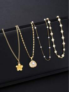 4pcs/Set Fashionable Minimalist Bohemian Shell Flower & Faux Pearl Y-Necklace Set, Suitable For Vacation, Date, Party, Gift, Daily Wear - 4-piece Set - View 3