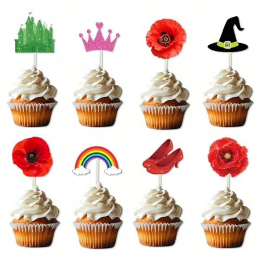 D24pcs Red Flowers Cupcake Toppers Pink And Green Princ Cupcake Toppers For Halloween Party Cake Table Decorations Birthday Baby Shower Party Plies - As Pic - View 1