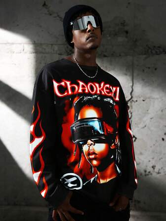 Men's Street Creative VR Theme + Red Black Flame Graphic Long Sleeve T-Shirt