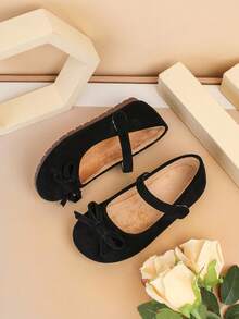 Zapatos planos con decoración de lazo estilo princesa para niñas, adecuados para actuaciones y ocasiones de baile infantiles (Ante) - Negro - Ver 3