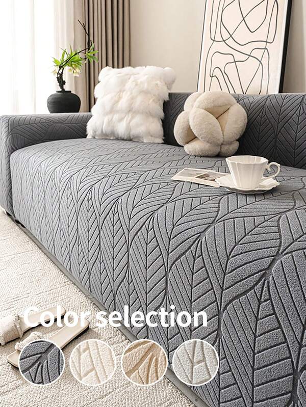 Capa de Sofá de Veludo Aveludado, Capa de Sofá Estampada de Folhas Meio Envolvida, Almofada de Sofá Amiga de Animais de Estimação - 95% Poliéster 5% Elastano, Respirável e Elástica, Serve para Sofás de 1/2/3/4 Lugares, Todas as Estações, Confortável e Minimalista, Melhora a Felicidade do Lar