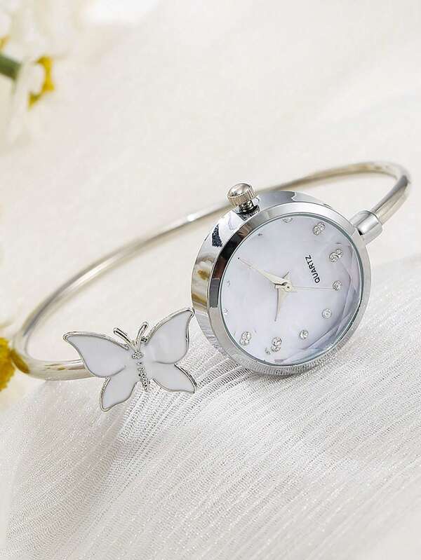 1 Stück Damen zarte Armbanduhr mit Schmetterling, diamantgeschliffenes Zifferblatt, minimalistische Quarzuhr