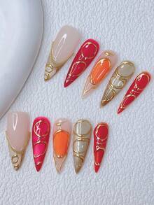 10 件 Y2K Nails 别致杏仁形按压指甲套装 - 手工制作，金色指甲，红色指甲，米色法式尖头指甲，闪亮米色猫眼，手绘 3D 金色图案设计，闪亮金色小钢球装饰 - 适合女士和女孩，派对，婚礼，日常穿着，DlY 美甲，指甲套装，包含工具包。哥特指甲。杏仁指甲。金色指甲。猫眼指甲。手工亚克力按压指甲杏仁。假指甲。美甲用品 - 彩色 - 查看 1