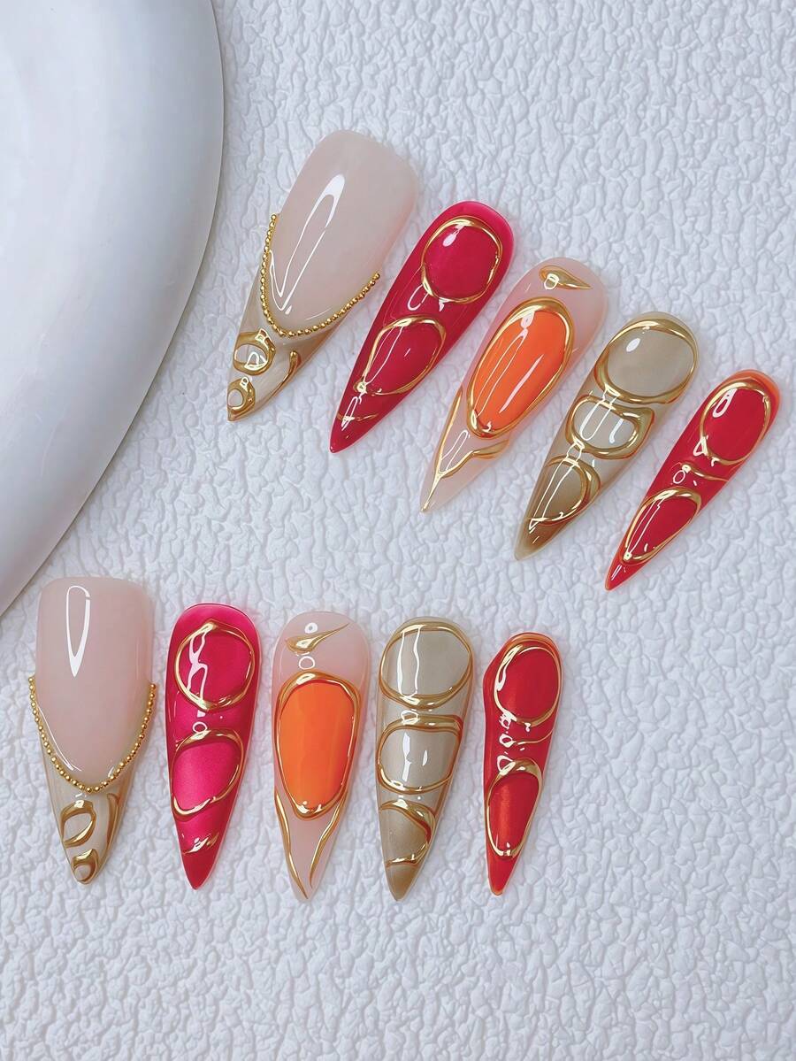 10 件 Y2K Nails 别致杏仁形按压指甲套装 - 手工制作，金色指甲，红色指甲，米色法式尖头指甲，闪亮米色猫眼，手绘 3D 金色图案设计，闪亮金色小钢球装饰 - 适合女士和女孩，派对，婚礼，日常穿着，DlY 美甲，指甲套装，包含工具包。哥特指甲。杏仁指甲。金色指甲。猫眼指甲。手工亚克力按压指甲杏仁。假指甲。美甲用品 - 彩色 - 查看 1