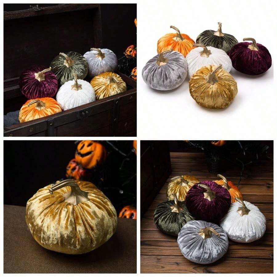 - Juego de 6 calabazas de terciopelo hechas a mano, diseo de calabaza de peluche sper suave con exquisita artesana para otoo, Halloween, Accin de Gracias - Púrpura, naranja, dorado, blanco, gris, verde oliva - Ver 1